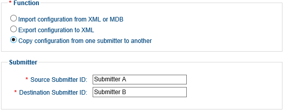 screenshot of the Function and Submitter sections. The Function section has Copy CSEE configuration from one submitter to another selected. The Submitter section has two fields: Source Submitter ID and Destination Submitter ID. The Source Submitter ID field has Submitter A entered and Destination Submitter ID has Submitter B entered.