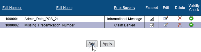 Screenshot of User Defined Edit Maintenance table with seven columns and two rows. The Add button is being selected.