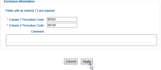 Screenshot of the Exclusion Information section of the Professional CCI (Unbundling) Exclusion Maintenance page. There are three fields for adding exclusion information. The Column 1 Procedure Code field has procedure code 99383 entered. The Column 2 procedure Code field has procedure code 96150 entered. The Comment field is empty. The Apply button is being selected.