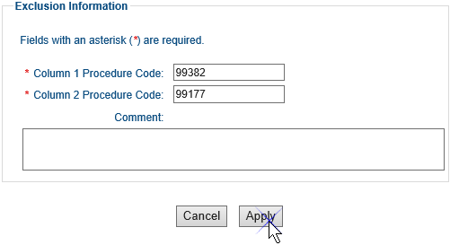 Screenshot of the Exclusion Information section of the Institutional CCI (Unbundling) Exclusion Maintenance page. There are three fields for adding exclusion information. The Column 1 Procedure Code field has procedure code 99383 entered. The Column 2 procedure Code field has procedure code 96150 entered. The Comment field is empty. The Apply button is being selected.