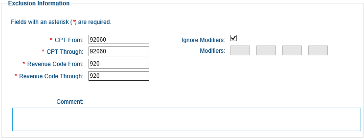 Screenshot of the Exclusion Information section of the Institutional Medical Necessity Exclusions page. There are seven fields for adding exclusion information. The CPT From and CPT Through fields have 92060 entered. The Revenue Code From and Revenue Code Through fields have 920 entered. The Ignore Modifier check box has been selected. The modifiers field is blank. The Comment field is empty.