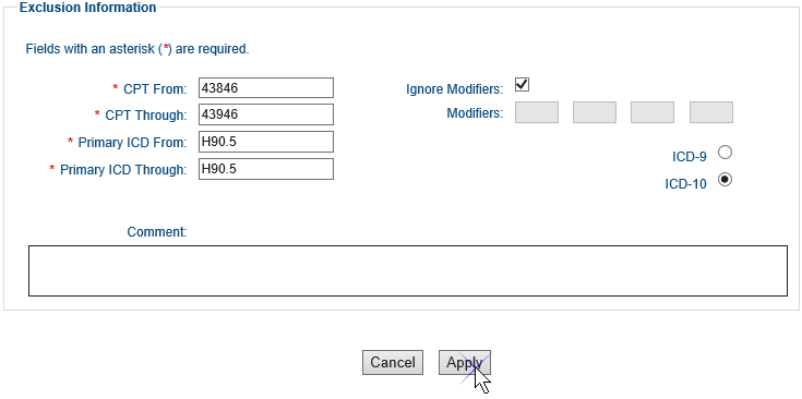 Screenshot of the Exclusion Information section. There are eight fields for adding exclusion information. The CPT From and CPT Through fields have 20102 entered. The ICD From and ICD Through fields have S29.022A entered. The Ignore Modifier check box was selected. The modifiers field is blank. The ICD-10 radio button is selecteded. The Comment field is empty.