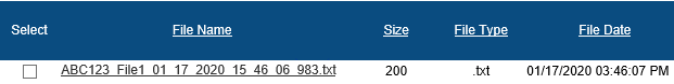 Screenshot of the File Upload table with five columns and one row. Under the File Name column, the link for the Institutional Multispecialty text file is being selected.