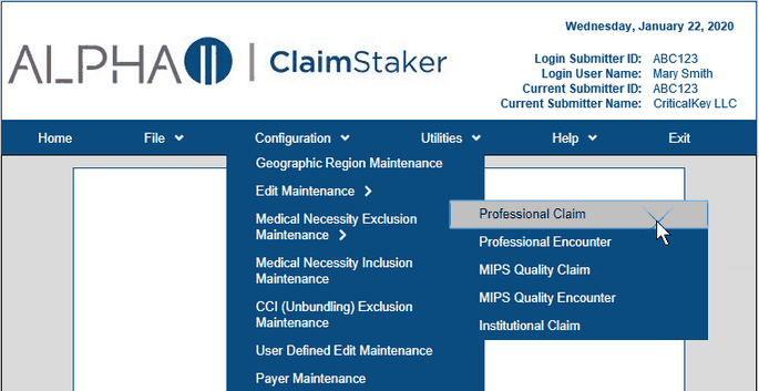 Screenshot of the ClaimStaker toolbar with a drop-down menu that has six items. The Edit Maintenance option was selected. This opened another menu listing five items and the Professional Claim option is selected.