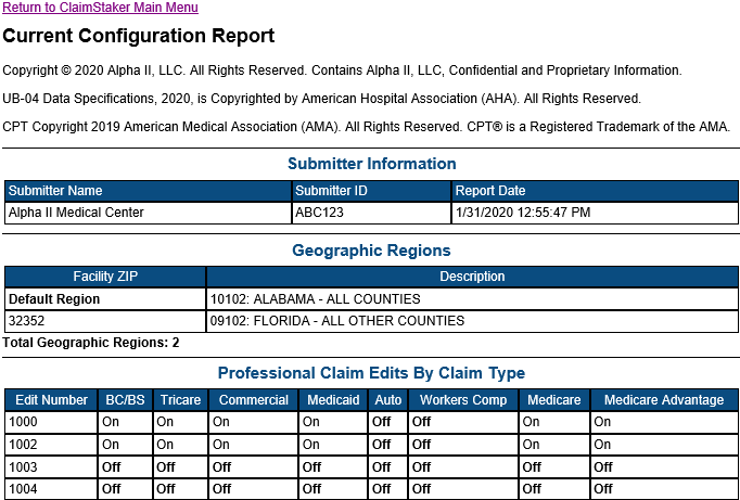 Screenshot of the current configuration report on the Current Configuration page. There are three tables. The first table, Submitter Information, has three columns. The first column, Submitter Name, has Alpha II Medical Clinic. The second column, Submitter ID, has ALPHA123. The third column, Report Date has 6/20/2018 4:01:56 PM. The second table, Geographic Regions, has two columns. The Facility Zip Column has Default Region. The Description column reads: This submitter is currently set to use the claim's service facility zip code to automatically set the geogrpahic jurisdiction for medical necessity. Please note that geographic regious for listed facility zip codes (non-default region) will override the automatic use of the service facility zip code. Below that, it reads: Total Geographic Regions: 1. The third table is the Professional Claim Edits by Claim Type table. It has nine rows and two columns showing (it is a partical screenshot of the table). Under the Edit Number Column, edits 1000 and 1002 display. Under the BC/BS, Tricare, Commercial, Medicaid, Auto, Workers Comp, Medicare, and Medicare Advantage, each field the the rows for edits 1000 and 1002 say On.