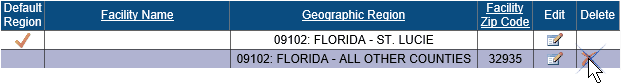 Screenshot of the Geographic Region table. The icon under the Delete column is being selected for 00590: Florida - All Other Counties.
Screenshot of the Geographic Region table. The Geographic Region column has Region 09102: Florida - St. Lucie under the first column and 09102 - Florida - All Other Counties in the second row. The Facility Zip Code column has a blank first row and 39235 in the second row. The icont under the Delete column is being selected.