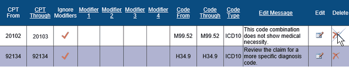 Screenshot of the Institutional Medical Necessity Inclusions table. The icon under the Delete column for CPT 20102 is being selected.