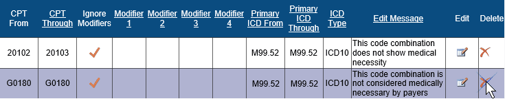 Screenshot of the Professional Medical Necessity Inclusions table. The icon under the Delete column for CPT code G0180 is being selected.