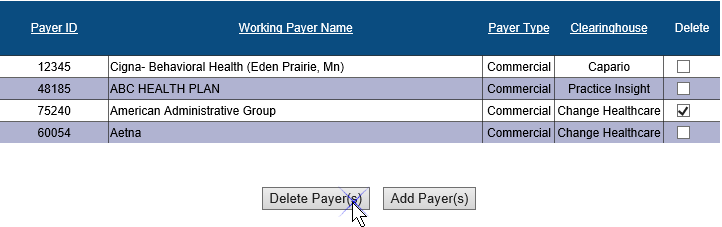 Screenshot of the Payer Maintenance table. The check box under the Delete column has been selected for working payer, Physicians Corporation of America. The Delete Payers button is being selected.