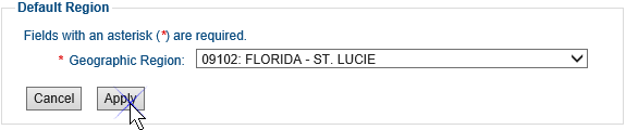 Screenshot of the Default Region section. In the Geographic Region drop-down field, 09102: Florida - St. Lucie has been selected. The Apply button is being selected.