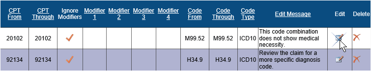 Screenshot of the Institutional Medical Necessity Inclusions table with thirteen columns and two rows. The icon under the Edit column for CPT 20102 is being selected.