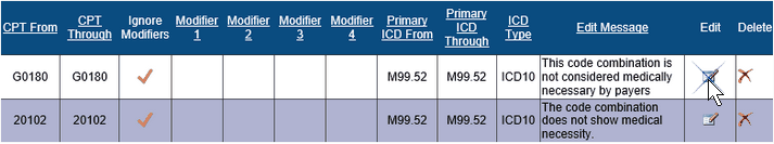 Screenshot of the Professional Medical Necessity Inclusions table with thirteen columns and two rows. The icon under the Edit column for CPT code 20102 is being selected.