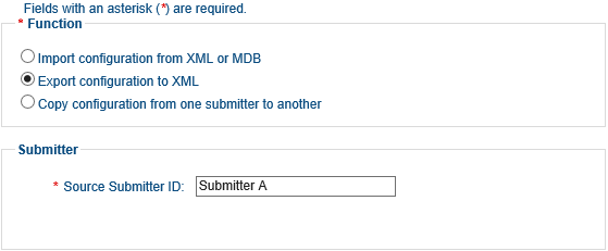 Screenshot of the Function and Submitter sections. The Function section has Export CSEE configuration to XML selected. The submitter section has a Source Submitter ID field that has Submitter A entered.