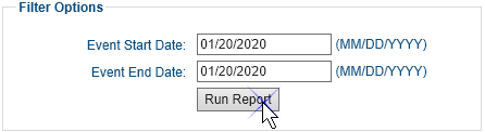 Screenshot of the Filter Options section of the Historical Configuration Report page. It has two fields: Event Start Date, which has 6/20/2018 entered, and Event End Date, which also has 6/20/2018 entered. Beside each field is an example of the format the date should be in: (MM/DD/YYYY).