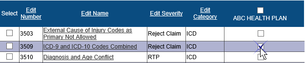 Screenshot of a check box under the ABC Health Plan column being selected.