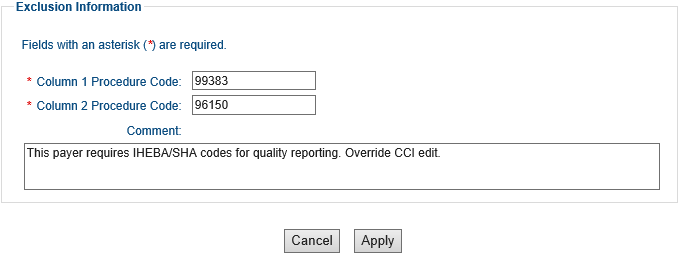 Screenshot of the Exclusion Information section of the Modify Professional CCI (Unbundling) Exclusion Maintenance page. There are three fields. The Column 1 Procedure Code field has procedure code 99383 entered. The Column 2 procedure Code field has procedure code 96150 entered. The Comment field a new comment that reads: This payer requires IHEBA/SHA codes for quality reporting. Override CCI edit. 