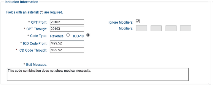 Screenshot of the Inclusion Information section. CPT code 20103 is being entered in the CPT Through field.