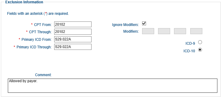 Screenshot of the Exclusion Information section. There are eight fields for adding exclusion information. Allowed by payer has been entered in the Comment section.