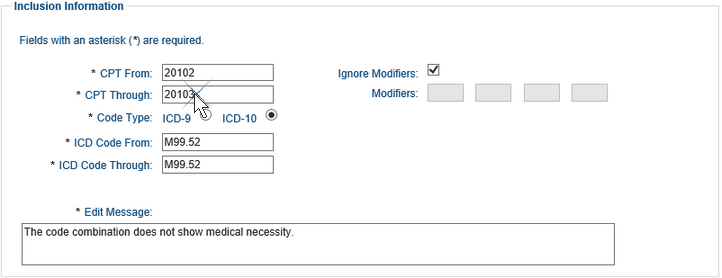 Screenshot of the Inclusion Information section of the Modify Professional Medical Necessity Inclusion page. CPT code 20103 is being entered in the CPT Through field.