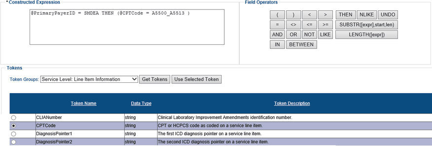 Screenshot of the User Defined Edit Maintenance page. The Constructed Expression section has @PrimaryPayerID = SDMEA THEN (@AnyCPTCode IN = 'A5500,A5513') input. The Token Groups drop-down has Service Level: Line Item Infomration selected. The radio button next to CPTCode, which is under the Token Name column, is selected/enabled.