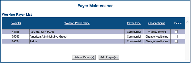 Screenshot of Search Criteria section of the Payer Maintenance Page. There are three fields. The Payer ID field is empty. The Payer Name field has American entered. The Clearinghouse field has Emdeon selected from the drop-down list. The Search button is being selected.
