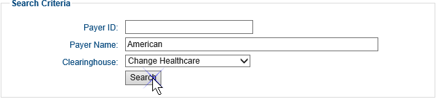 Screenshot of Search Criteria section of the Payer Maintenance Page. There are three fields. The Payer ID field is empty. The Payer Name field has American entered. The Clearinghouse field has Emdeon selected from the drop-down list. The Search button is being selected.