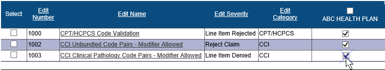 Screenshot of a check box under the ABC Health Plan column being selected.