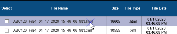 Screenshot of the File Download table with five columns and one row. Under the File Name column, the link for the Institutional Multispecialty HTML file is being selected.