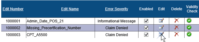 Screenshot of the User Defined Edit Maintenance table. The check box under the Edit column for the CPT_A5500 edit is being selected.