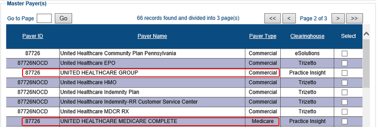 Screenshot of Search Criteria section of the Payer Maintenance Page. There are three fields. The Payer ID field is empty. The Payer Name field has American entered. The Clearinghouse field has Emdeon selected from the drop-down list. The Search button is being selected.