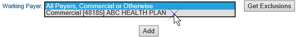 Screenshot of the Working Payer drop-down list on the Institutional CCI (Unbundling) Exclusion Maintenance page. The payer, ABC Health Plan, has been selected and the Get Exculsions button is being selected.