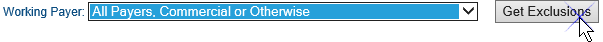Screenshot of the Working Payer drop-down list on the Professional Medical Necessity Exclusion Maintenance page. All Payers, Commercial or Otherwise has been selected and the Get Exculsions button is being selected.