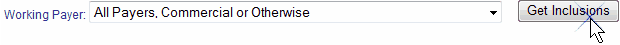 Screenshot of the Working Payer drop-down list on the Institutional Medical Necessity Inclusion Maintenance page. All Payers, Commercial or Otherwise has been selected and the Get Inclusions button is being selected